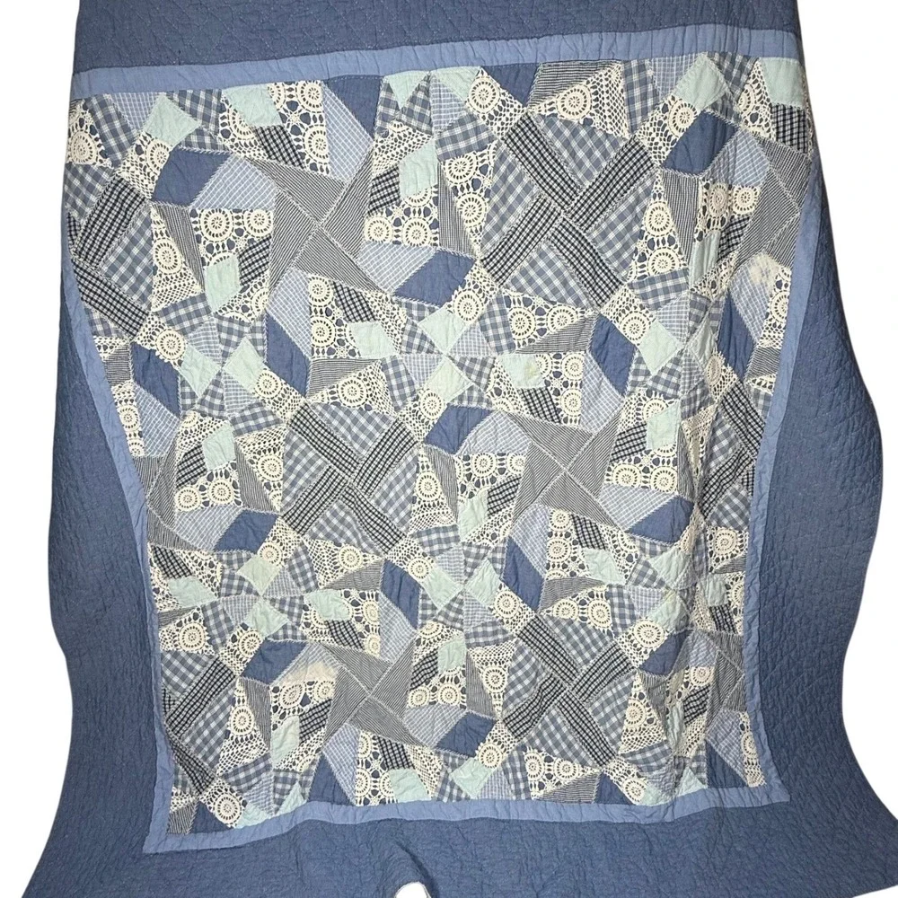 Vtg Handmade Blue Patchwork Crazy Quilt Crochet Lace Gingham Cottagecore READ